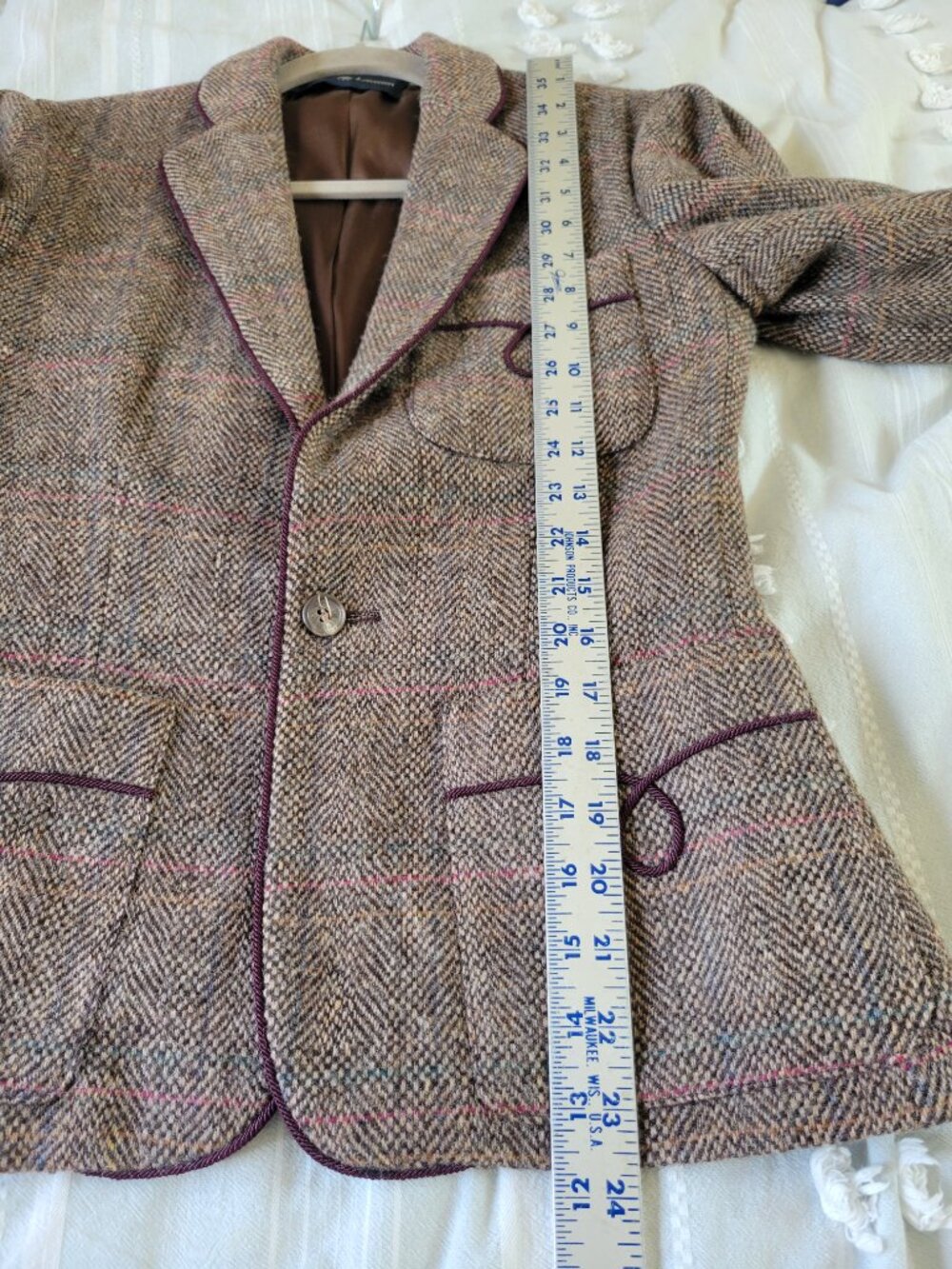 Vintage Ralph Lauren 100% Wool Herringbone Tweed Blazer Burgundy Trim Size 6 - Picture 10 of 13